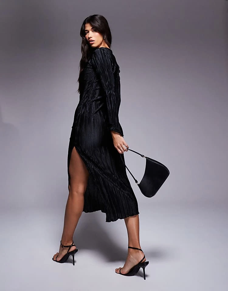 In The Style Exclusive Tie Front Plisse Maxi Dress In Black For Women 3 In The Style Exclusive Tie Front Plisse Maxi Dress In Black For Women - Image 3