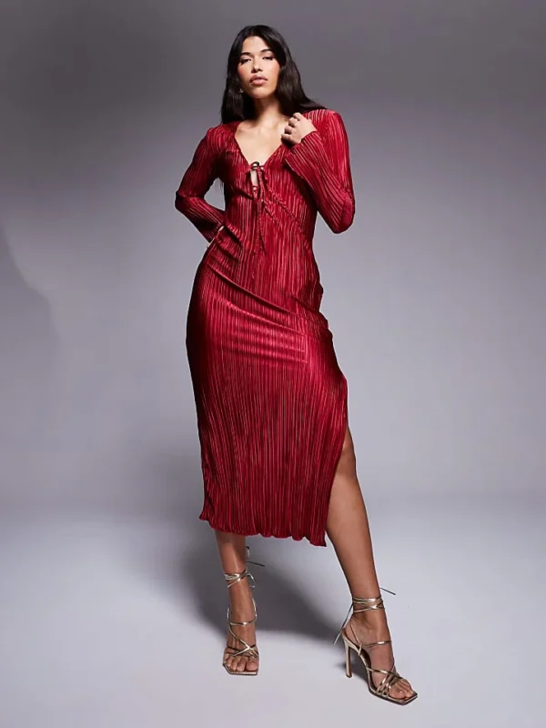In The Style Exclusive Tie Front Plisse Maxi Dress In Burgundy For Women
