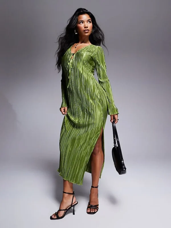 In The Style Exclusive Tie Front Plisse Maxi Dress In Khaki For Women