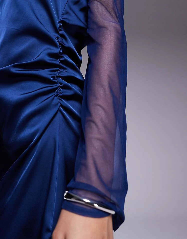 In The Style X Perrie Sian Exclusive High Neck Flared Sheer Sleeve Cutout Satin Mini Dress In Navy For Women 4 In The Style X Perrie Sian Exclusive High Neck Flared Sheer Sleeve Cutout Satin Mini Dress In Navy For Women - Image 4