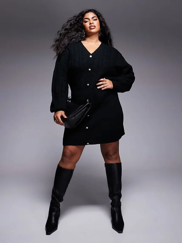 In The Style Plus X Perrie Sian Cable Knit V Neck Diamante Button Mini Dress In Black For Women