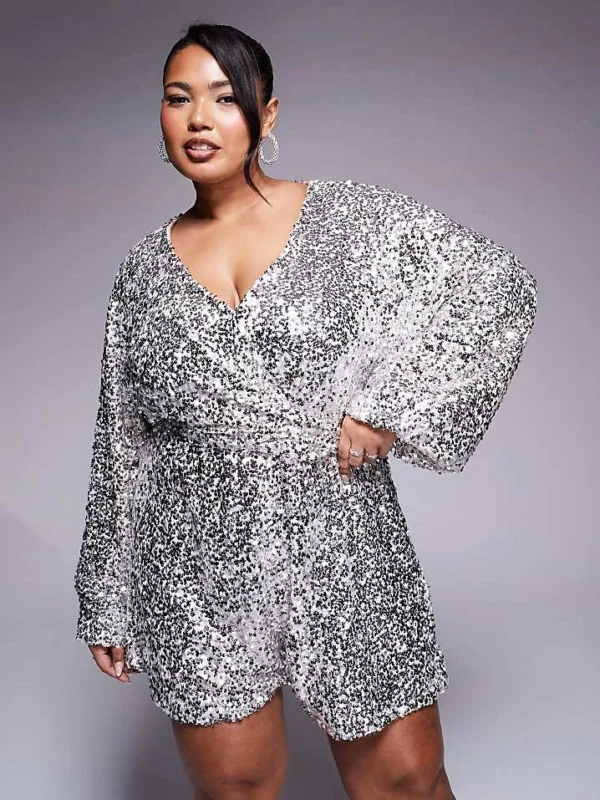 In The Style Plus Sequin Wrap Front Balloon Sleeve Belted Playsuit In Silver For Women