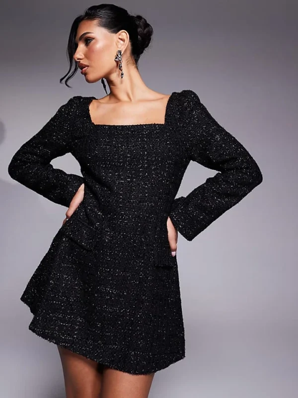 In The Style X Hannah Brown Structured Boucle Square Neck Tailored Pocket Detail Mini Dress In Black For Women