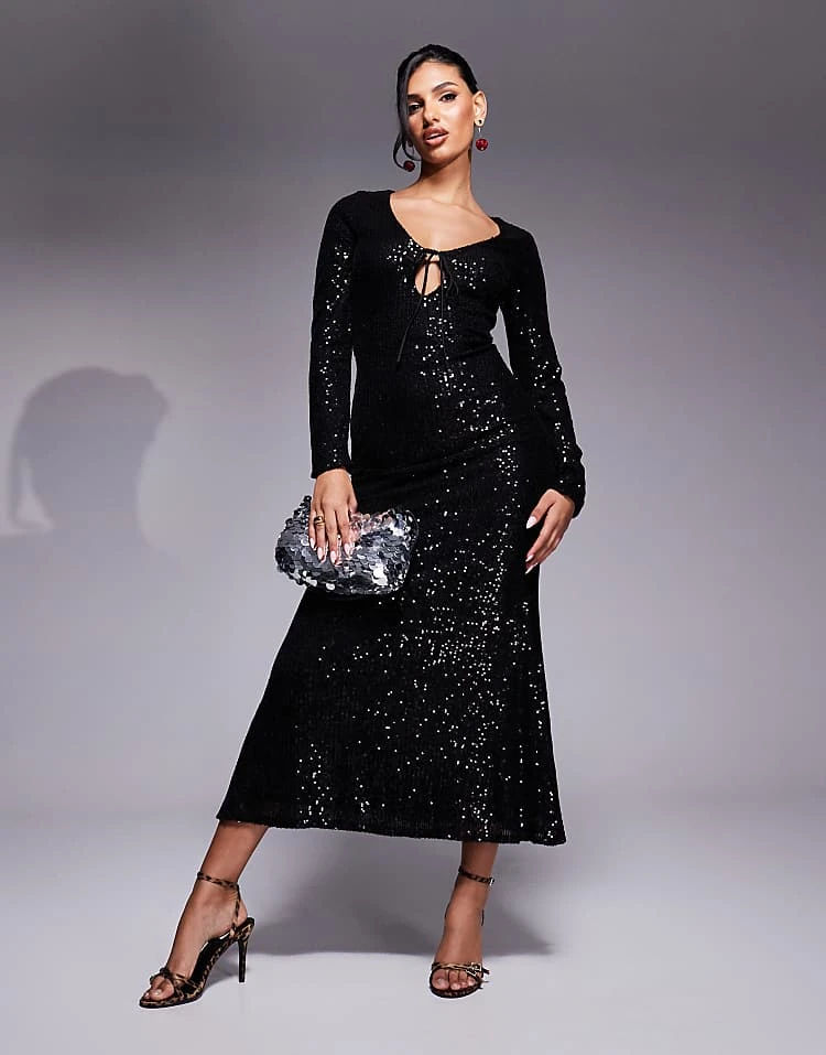 In The Style X Perrie Sian Sequin Tie Front Cut Out Maxi Dress In Black For Women 5 In The Style X Perrie Sian Sequin Tie Front Cut Out Maxi Dress In Black For Women - Image 5