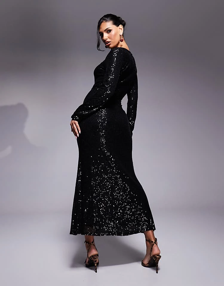 In The Style X Perrie Sian Sequin Tie Front Cut Out Maxi Dress In Black For Women 3 In The Style X Perrie Sian Sequin Tie Front Cut Out Maxi Dress In Black For Women - Image 3