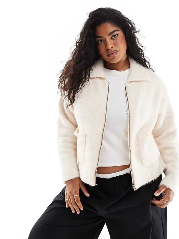 In The Style Plus Knitted Zip Through Pocket Detail Cardigan In Cream For Women