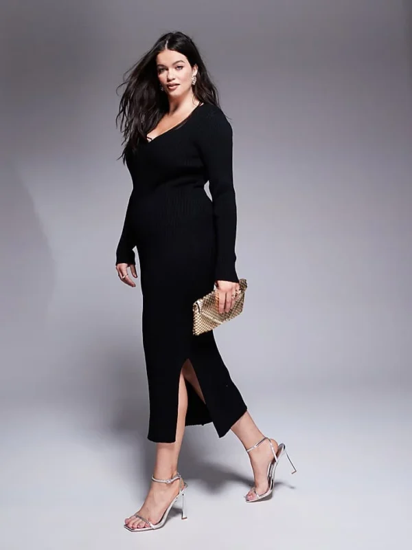 In The Style Plus Soft Ribbed V Neck Maxi Jumper Dress In Black For Women