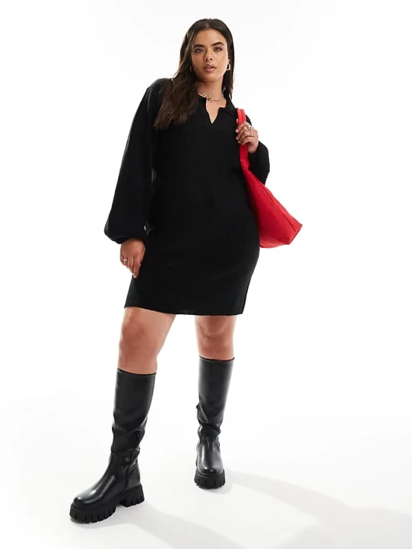 In The Style Plus Exclusive Knitted Collar Detail Mini Jumper Dress In Black For Women