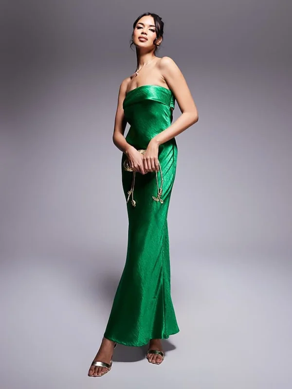 In The Style X Perrie Sian Exclusive Bandeau Liquid Satin Midi Dress In Emerald Green For Women