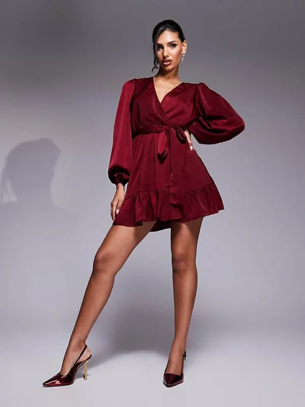 In The Style X Perrie Sian Exclusive Liquid Satin Ruffle Tie Waist Mini Dress In Burgundy For Women