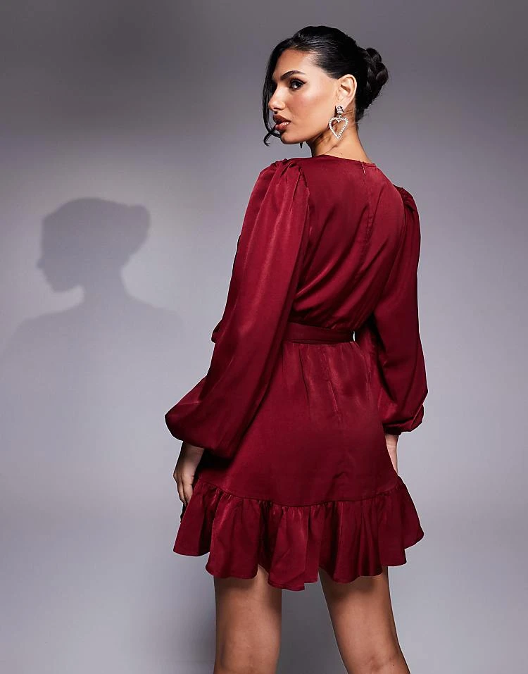 In The Style X Perrie Sian Exclusive Liquid Satin Ruffle Tie Waist Mini Dress In Burgundy For Women 2 In The Style X Perrie Sian Exclusive Liquid Satin Ruffle Tie Waist Mini Dress In Burgundy For Women - Image 2