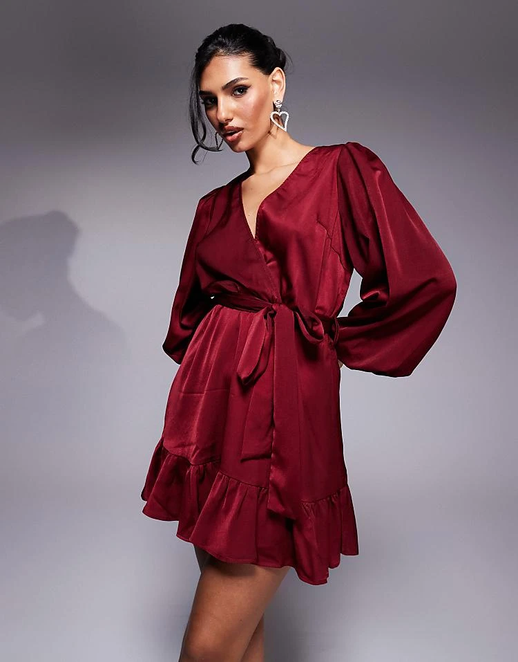 In The Style X Perrie Sian Exclusive Liquid Satin Ruffle Tie Waist Mini Dress In Burgundy For Women 3 In The Style X Perrie Sian Exclusive Liquid Satin Ruffle Tie Waist Mini Dress In Burgundy For Women - Image 3