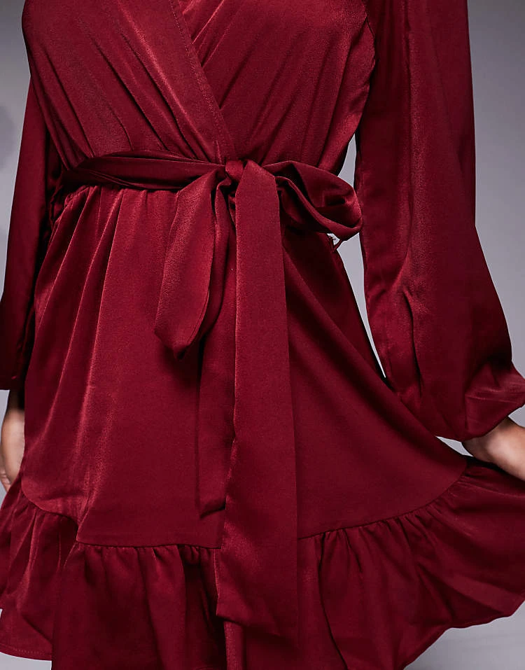 In The Style X Perrie Sian Exclusive Liquid Satin Ruffle Tie Waist Mini Dress In Burgundy For Women 4 In The Style X Perrie Sian Exclusive Liquid Satin Ruffle Tie Waist Mini Dress In Burgundy For Women - Image 4