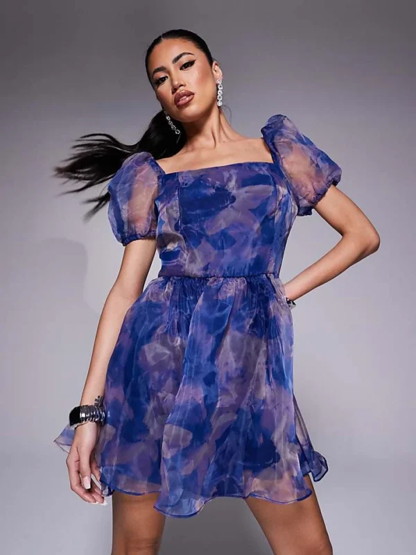 In The Style Puff Sleeve Organza Mini Dress In Purple Print For Women