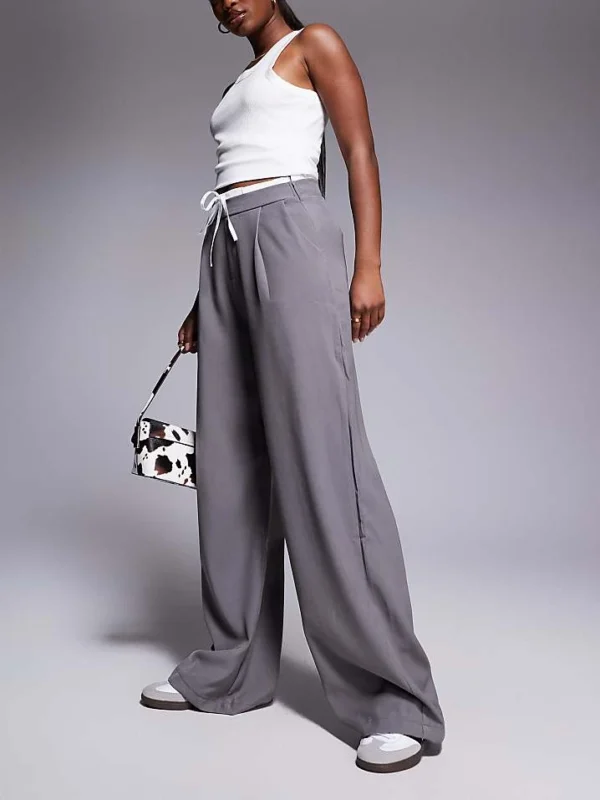 In The Style Tie Waist Contrast Relaxed Trousers In Grey For Women