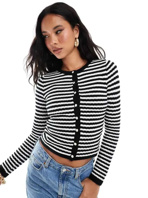 In The Style Fitted Button Through Cardigan In Mono Stripe For Women