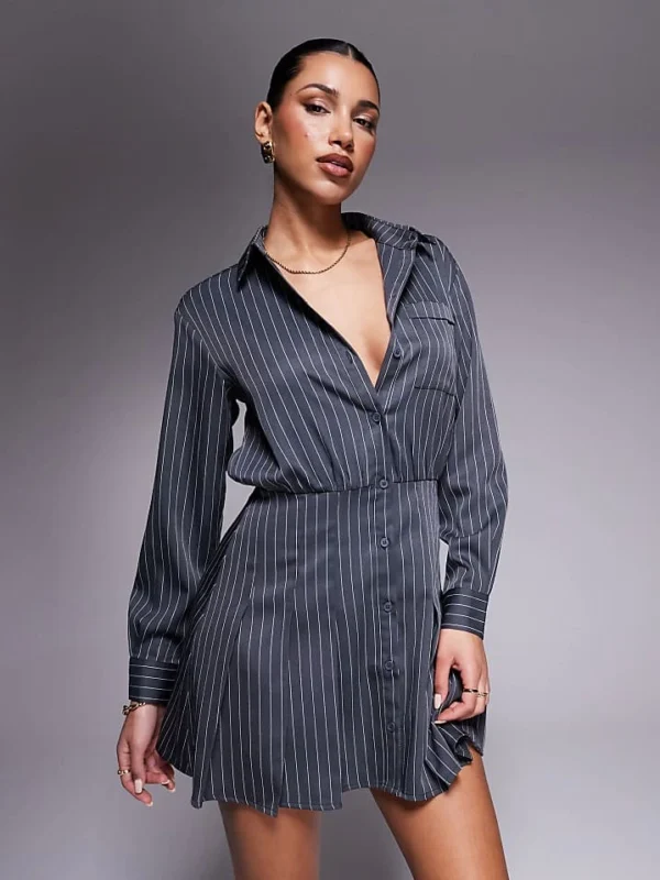 In The Style X Natalya Wright Exclusive Tailored Pleated Mini Shirt Dress In Charcoal Pinstripe For Women
