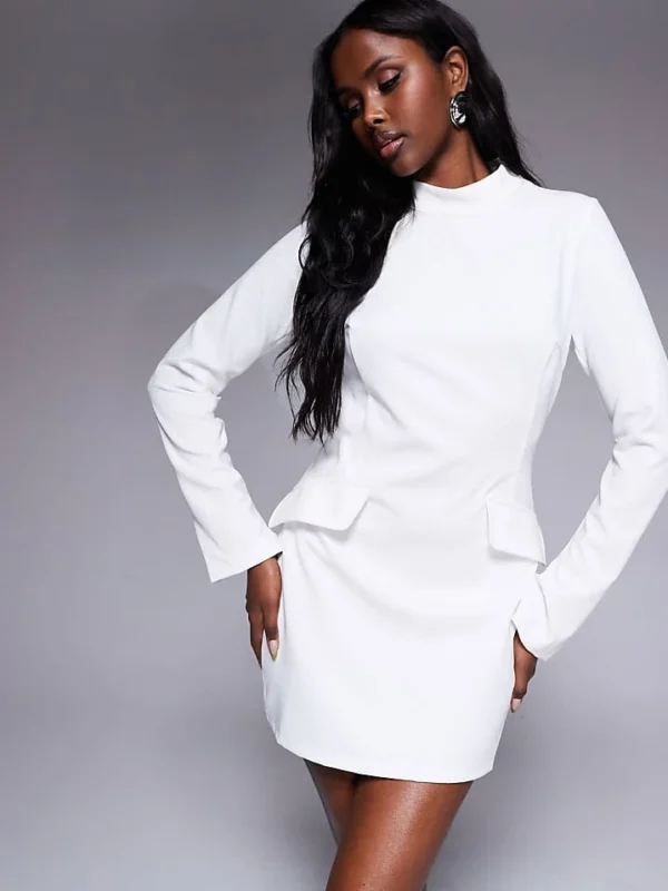 In The Style X Natalya Wright Exclusive Tailored High Neck Long Sleeve Mini Dress With Pocket Detail In White For Women