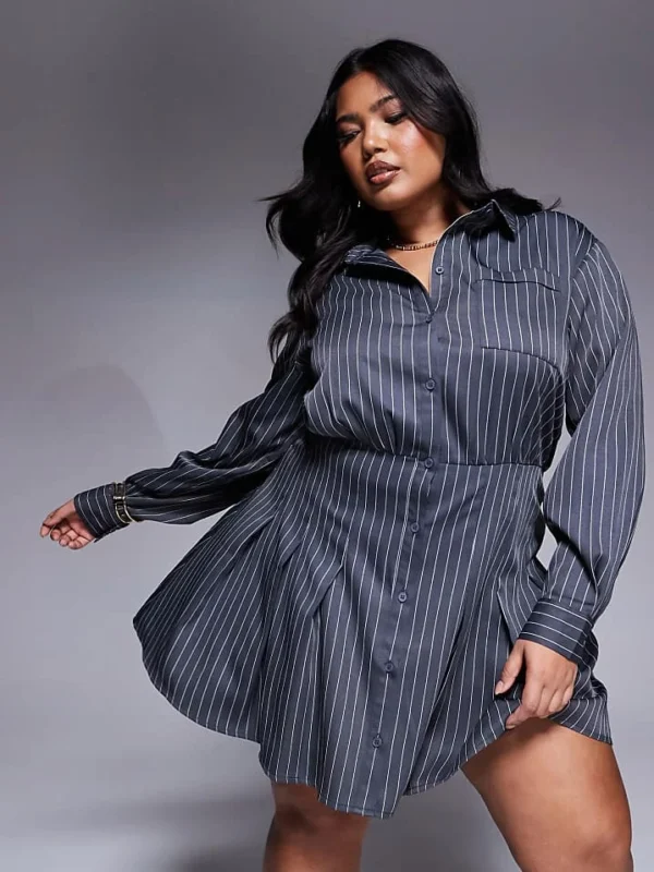 In The Style Plus X Natalya Wright Exclusive Tailored Pleated Mini Shirt Dress In Charcoal Pinstripe For Women