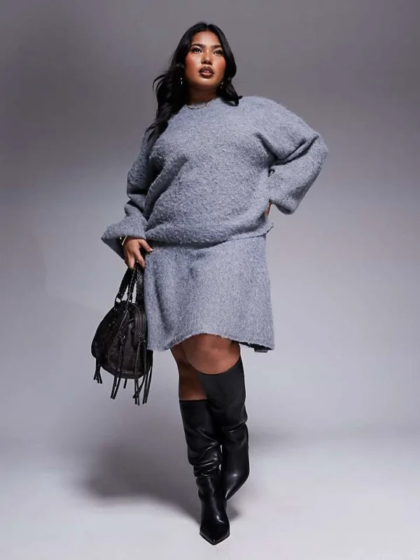 In The Style Plus X Natalya Wright Fluffy Knitted Skirt And Jumper Co-ord In Charcoal