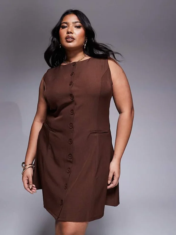 In The Style Plus X Natalya Wright Exclusive Tailored Button Down Mini Dress In Chocolate For Women