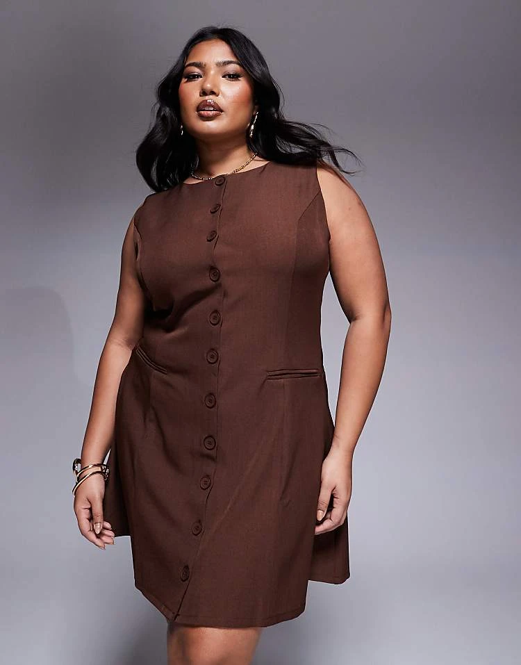 In The Style Plus X Natalya Wright Exclusive Tailored Button Down Mini Dress In Chocolate For Women 1 In The Style Plus X Natalya Wright Exclusive Tailored Button Down Mini Dress In Chocolate For Women