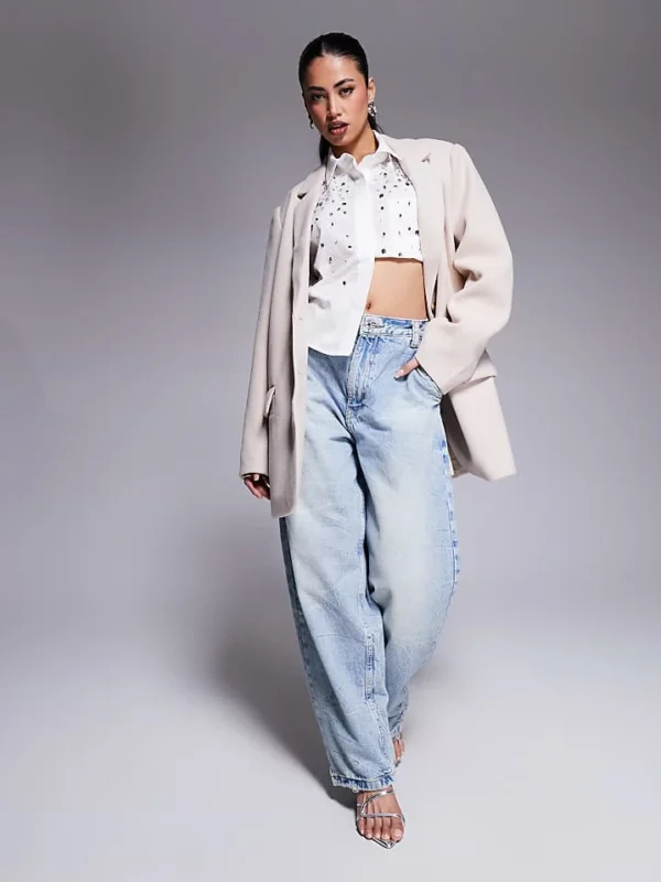 In The Style Oversized Double Pocket Blazer In Cream For Women