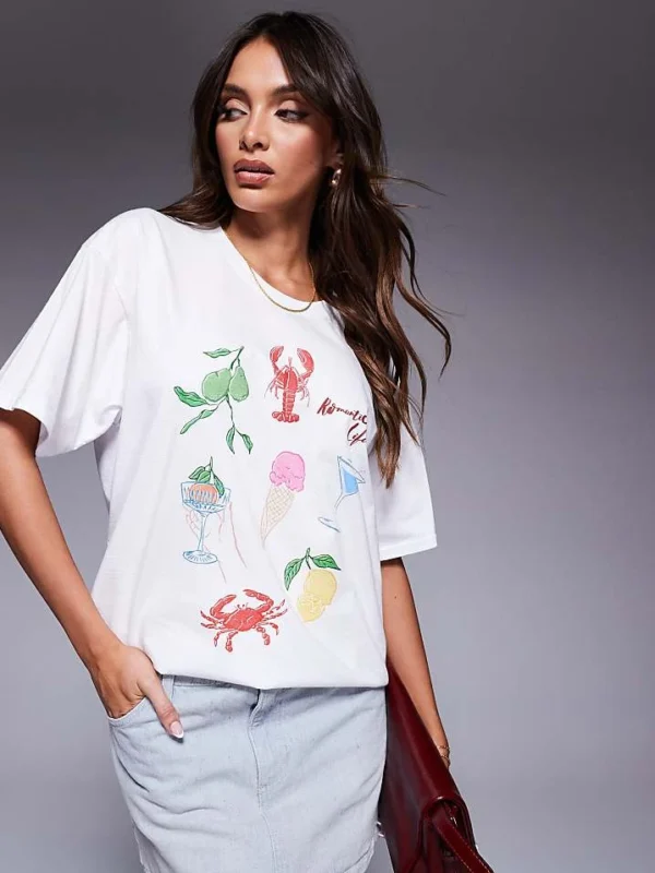 In The Style Nautical Graphic Print Oversized T-shirt In White For Women