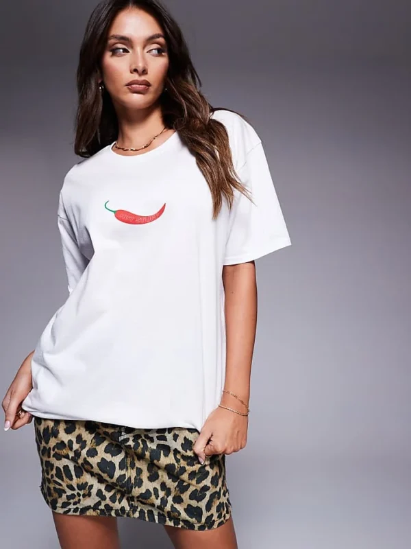 In The Style 'hot Stuff' Chilli Motif Oversized T-shirt In White For Women